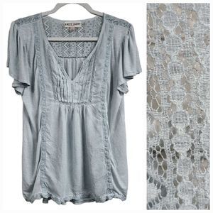 Knox Rose Dusty Blue Lace Burnout Tee Pleated V-Neck Flutter Sleeve Knit Top LG